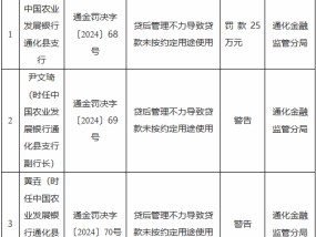 农发行通化县支行被罚25万元：贷后管理不力导致贷款未按约定用途使用