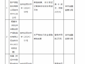 中华财险吉林市中心支公司被罚23万元：未严格执行农业保险单独核算、会计凭证记载事项与实际用途不符