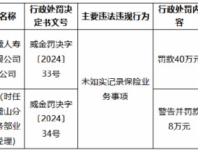 工银安盛山东分公司因未如实记录保险业务事项被罚40万元