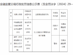 建设银行玉溪市分行被罚25万元：因个人贷款支付管理与控制不审慎