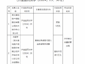 英大泰和财险齐齐哈尔中心支公司被罚5万元：直接业务虚挂代理人业务套取手续费