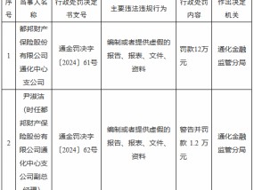 都邦财险通化中心支公司被罚12万元：编制或者提供虚假的报告、报表、文件、资料