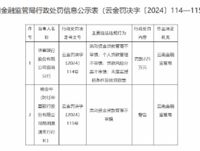 华夏银行昆明分行被罚225万元：因个人贷款管理不审慎 未落实授信条件发放贷款等违法违规行为