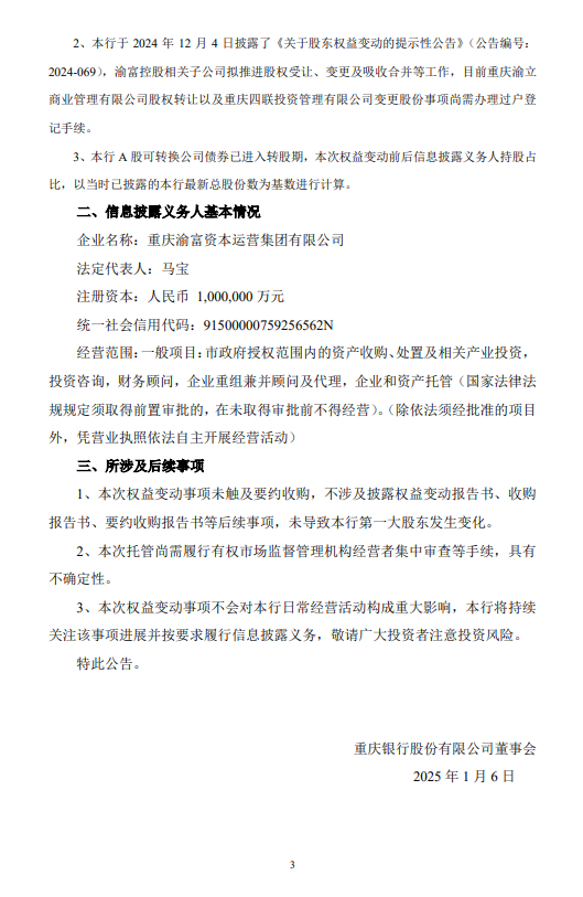 重庆银行:关于股东权益变动的提示性公告